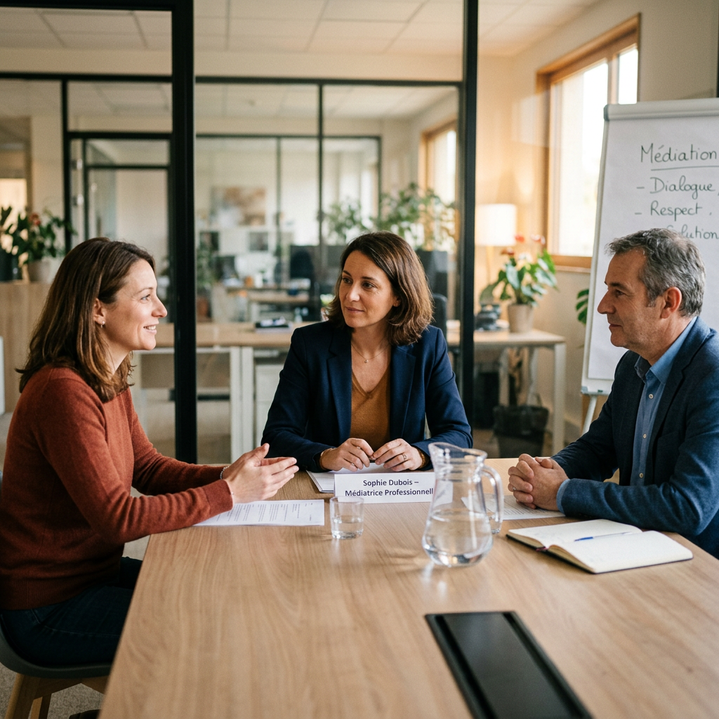 Three people meeting; name card reads “Hortense Fabre – Médiatrice Professionnelle”; board reads “Médiation – Dialogue – Respect – Solution.”